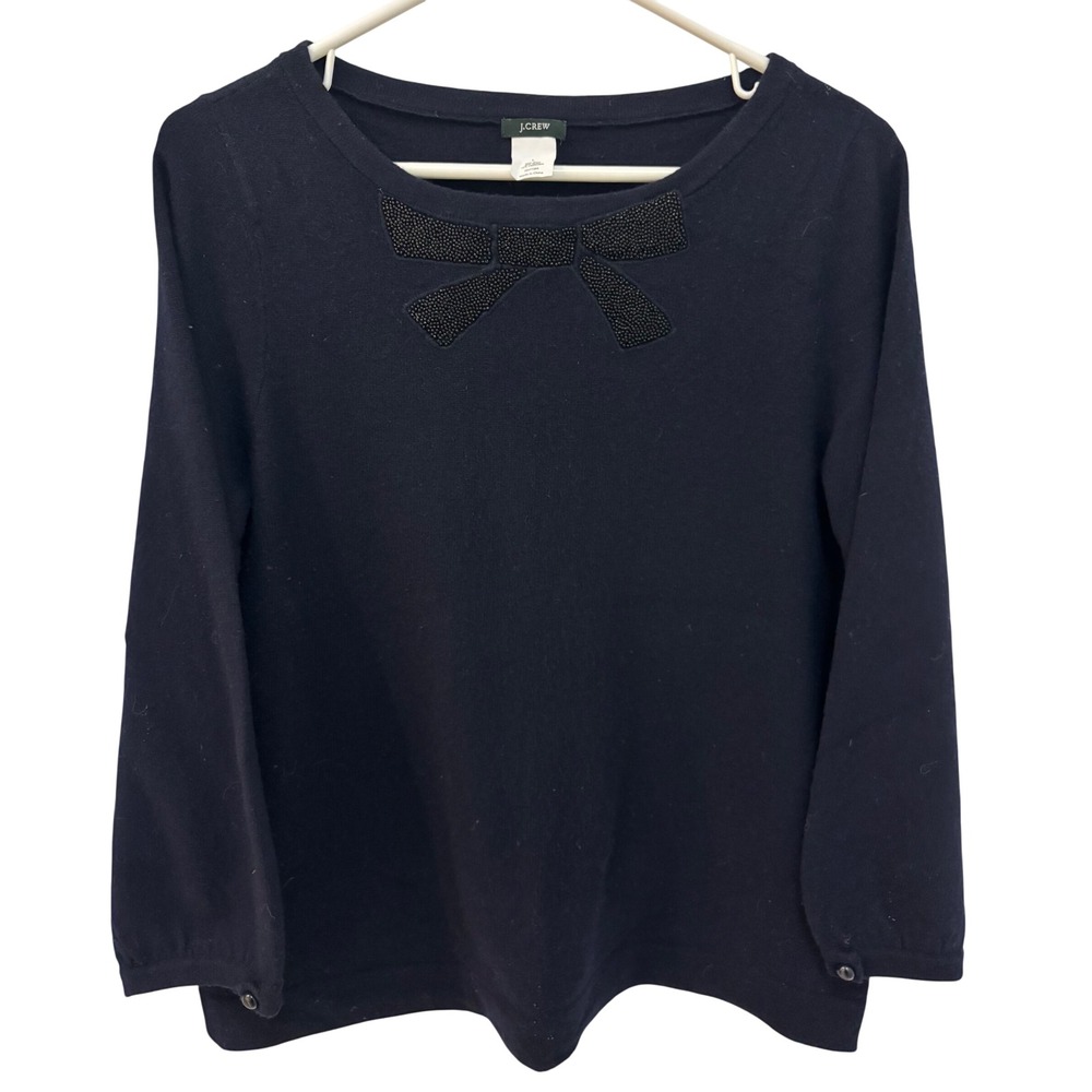J. Crew Navy Beaded Bow Sweater Size L Wool Cashmere Blend 3/4 Sleeve